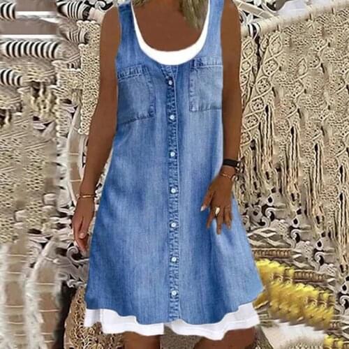 Vintage Denim Blue Dress Women Summer Print Plus Size Sundress O-neck Sleeveless Fake-two Pullover Casual Dress Vestidos Longos