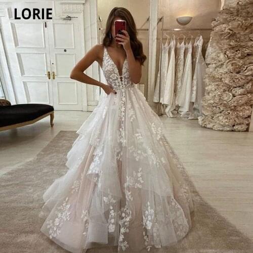 LORIE Beach Dream Wedding Dresses A Line V-Neck Backless Appliqued Lace Bridal Gowns Puffy Tulle Princess Party Dress 2020