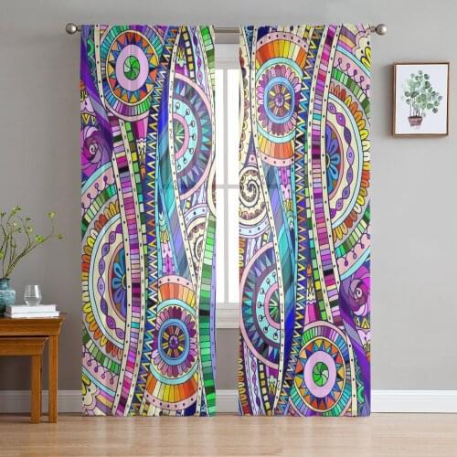 Indian Ethnic Style Colorful Patterns Sheer Curtains for Living Room Kitchen Tulle for Windows Voile Yarn Curtains for Bedroom