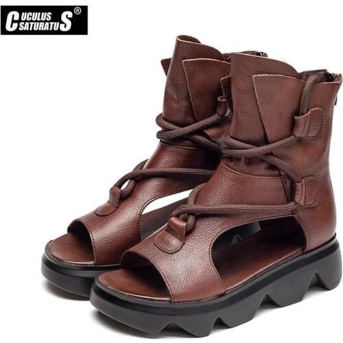 2021 Women Genuine Leather Sandals Summer Wedge Platform Gladiator Sandals Women Open Toe Retro Casual High Heel Sandals
