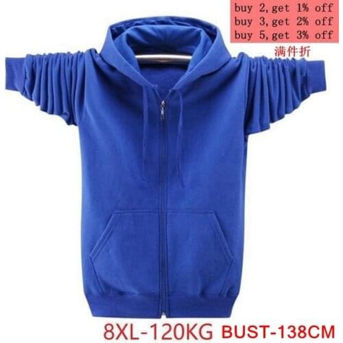 Mens large size hooded sweatshirt 5XL 6XL 7XL 8XL long sleeve zipper thick black and blue gray large size coat