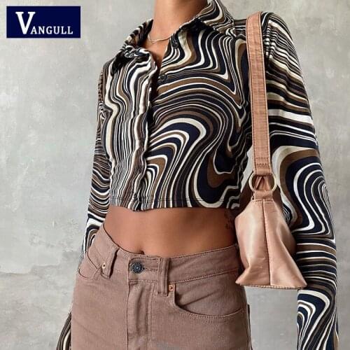 Vangull Vintage Striped Printted Short Women Blouse Spring Turn-down Collar Single Breasted Slim Shirts Fashion Streetwear Shirt