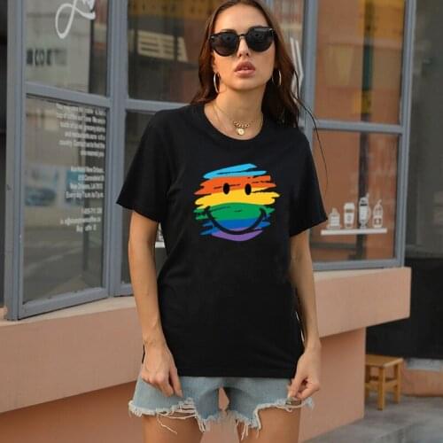 Rainbow Smile Women T Shirt Kawaii Smiling Face Tops Loose Crew Neck Harajuku Tees Streetwear Short Sleeve 100% Cotton Clothing