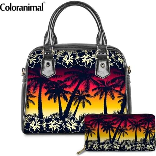 Coloranimal Tropical Frangipani Palms With Hibiscus Flowers Print Lady PU Shoulder Bag Protable Messenger Bag 2Pcs/Set Handbag