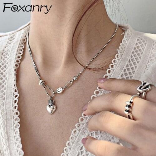 Foxanry 925 Sterling Silver Smiling Face Necklace for Women New Trendy Thai Silver Crown LOVE Heart Elegant Bride Jewelry Gifts