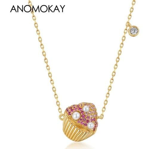 Anomokay New Arrival Colorful Zircon Paper Cup Cake Gold Color Women Girl Necklace Sweet 925 Sterling Silver Pearl Necklace Gift