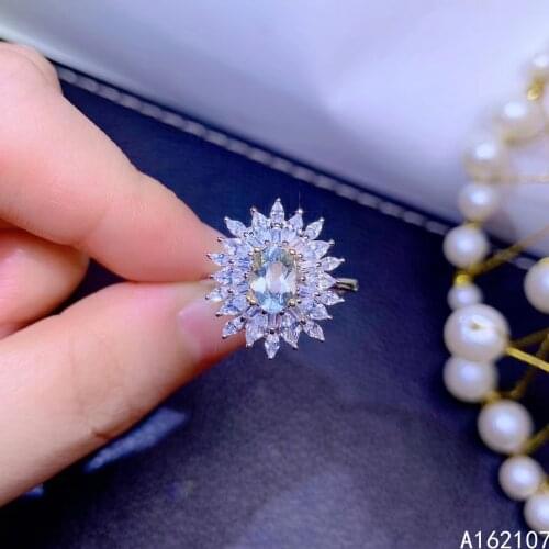 Fine Jewelry 925 Sterling Silver Inset With Natural Gemstone Womens Popular Exquisite Flower Aquamarine Adjustable Ring Support
