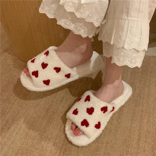 Comemore New Fuzzy House Slippers for Women Girls Fur Slides Winter Warm Womens Indoor Cute Heart Print Soft Bedroom Home Shoes