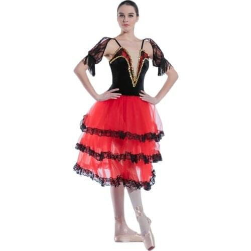 Black Velvet Camisole with Lace Tassel Sleeves and Tulle Dress Spanish Romantic Tutu Child & Adult Dance Standard Costumes 19023