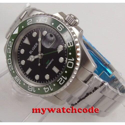 40mm bliger black dial luminous marks GMT date automatic movement mens watch P309