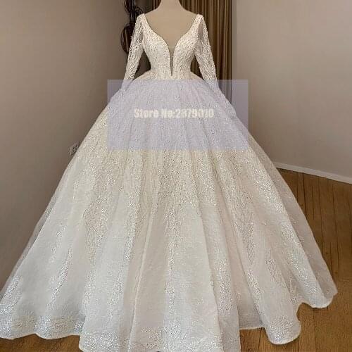 Glittery V-Neck Mariage Wedding Dresses Ball Gown Floor-Length Long Sleeves Beaded Sequins Lace Bridal Gown 2020 Wedding Dress