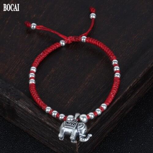 Real S990 Silver Carved Little Elephant Anklet Handmade Wax Rope Weaving Natal Year Red Rope Little Elephant Woman Bracelet