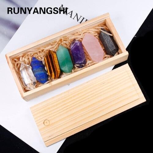 1set Wooden box Seven Chakela crystal Decorative Natural Hand Carved Double crystal points quartz wand pillar for healing Wand