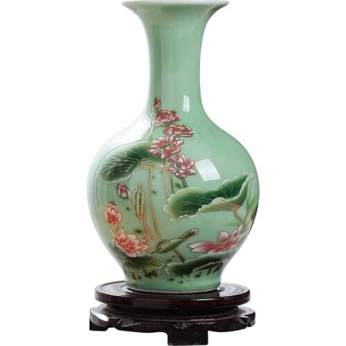 Jingdezhen Porcelain Vase ornament, living room flower arrangement, dry flower, antique lotus pattern, Celadon Glaze vases