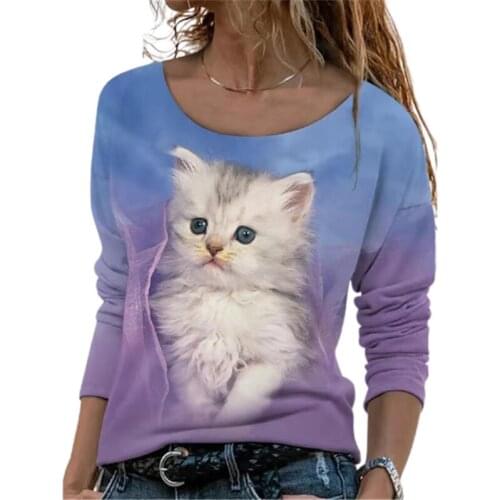 Animal Pattern Cute Cat Print T Shirt Long Sleeve Women Simplicity Tops Autumn Clothes Fashion Ladies Basic Casual Loose T Shirt
