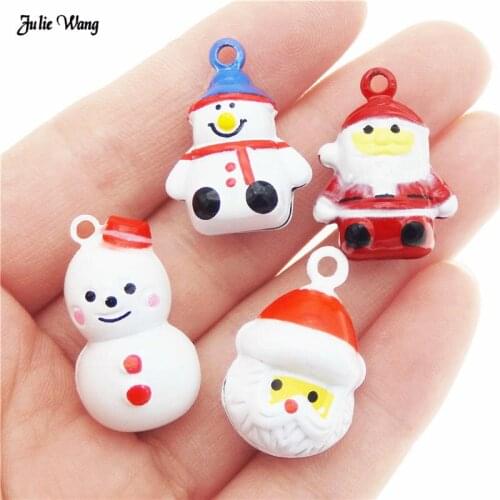 Julie Wang 4PCS Christmas Copper Bell Charm Blue Red White Snowman Shape Mixed Pendant For Necklace Bracelet DIY Xmas Decor