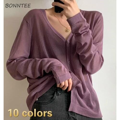 Cardigan Women Solid Simple V-neck Buttons Top Clothing Summer Korean Style Outwear Casual Lazy Leisure Girls Elegant Womens New