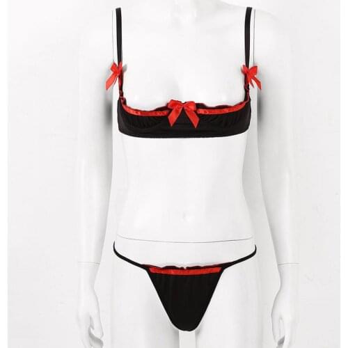 Womens Sexy Sleepwear Cupless Bra Ultra-thin Lingerie Set Scalloped Cups Underwired Bra Top Sexy Erotic Intimates G-string Thong