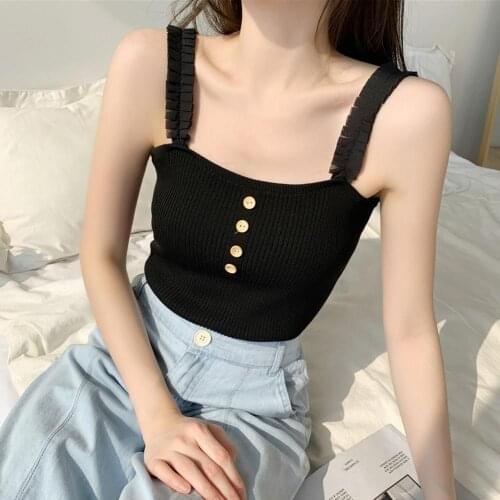 2021 Summer Sexy Women Solid Color Ruffle Lace Straps Camisole Ribbed Buttons Female Hollow Out Buckle Tanks Top Vest