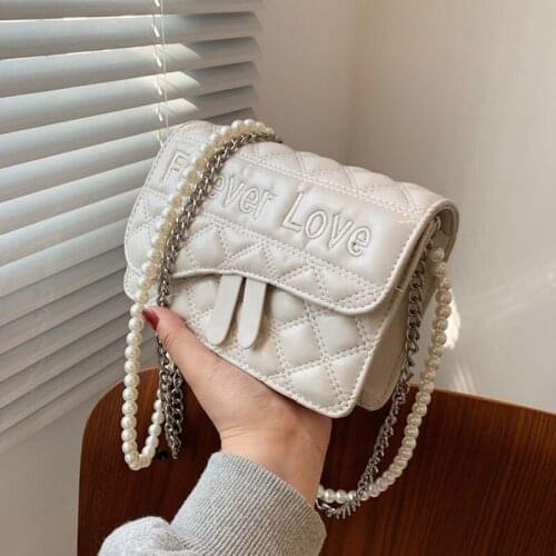 Fashion Lozenge Crossbody Bag for Women Fashion Female Pearl chain Shoulder Bag Female Handbags and Purses Sac A Main white