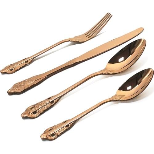 24PCS Rose Gold Dinnerware Set Wedding Copper Rosy Cutlery Set 304 Stainless Steel Dinner Knife Fork Sharp Tea Spoon Silverware
