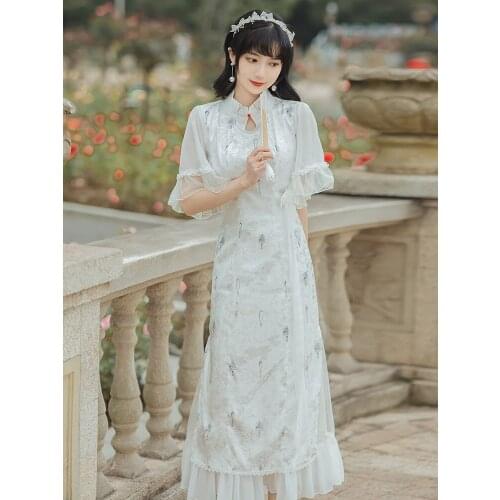 2021 Summer New Womens Chinese Style Retro Ethnic Style Noble And Thin Cheongsam Dress Chiffon Stitching Mid-Length Dress