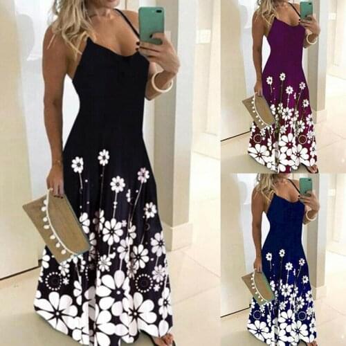 Hot Women Floral Boho Strappy Maxi Long Dress for Summer Beach Holiday Swing Sundress