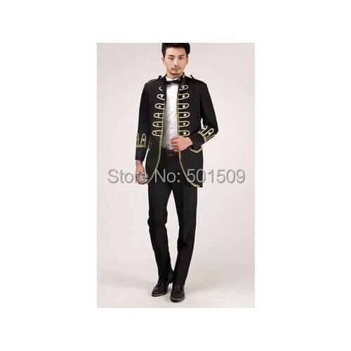 Real blue/black color gloden embroidery medieval suit,including top jacket and trousers prince charming
