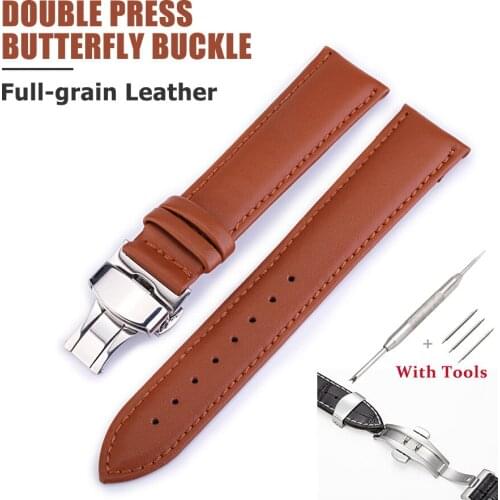 2021 Plain weave Cowhide Band Genuine Leather Watchband Double press Butterfly buckle Strap Accessories For Men Women 12mm-24mm
