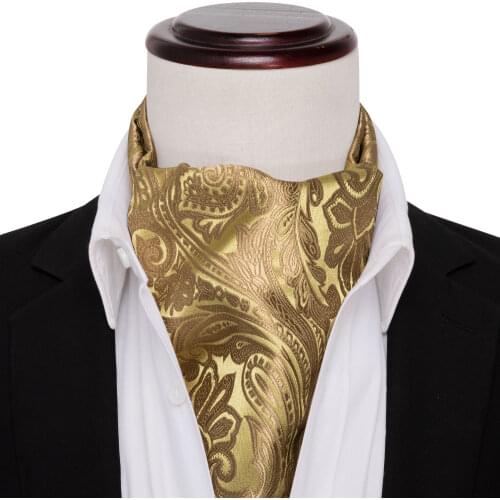 Luxury Gold Mens Vintage Silk Cravat Ascot Tie For Men Paisley Floral Jacquard Tie Set Hanky Cufflinks Fashion Barry.Wang