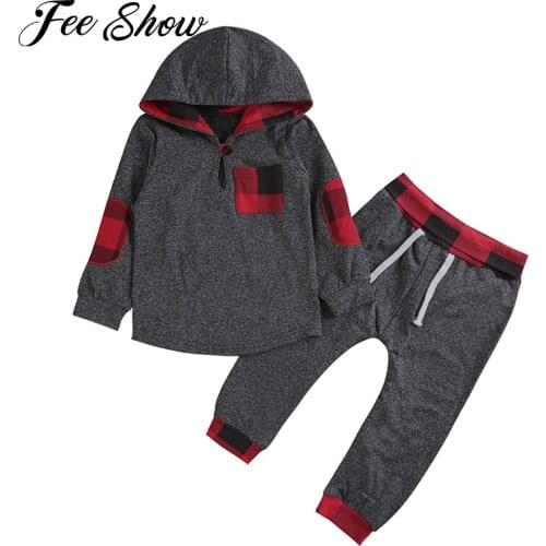 FEESHOW Kids Toddler Infant Baby Boys Girls Winter Outfit Christmas Plaid Hoodie Sweatshirt Jackets Shirt+Pants Xmas Clothes Set
