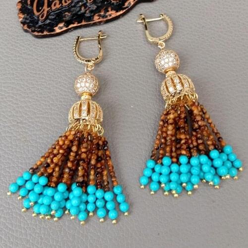 YYGEM natural Natural round yellow Tiger Eye Blue Turquoise Cz pave gold color plated Cap Leverback Earrings
