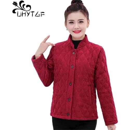 UHYTGF Parker Women Winter Cotton Jacket Corduroy Casual Short Top Outerwear Pure Color Wild Elegant Mom 4XL Plus Size Coat 1230