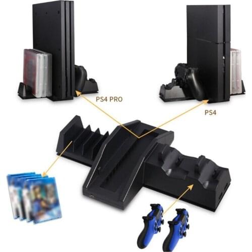 Console Vertical Stand + Cooler Fan + Dual Shock Charging Station + Games DVD Storage Rack for PS4/PS4 Pro