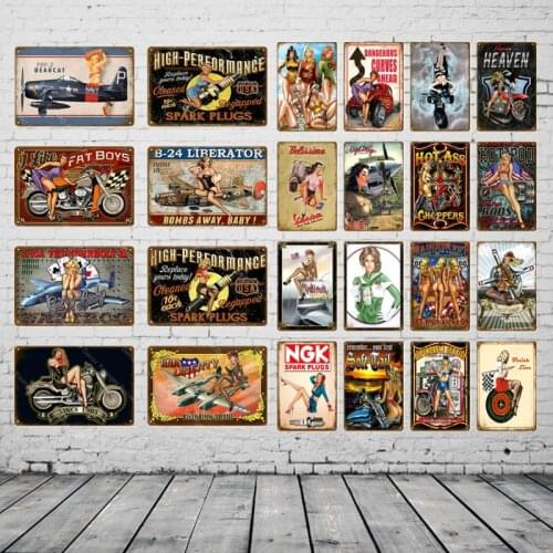 Sexy Pin Up Girl With Car Motor Plane Metal Poster Vintage Metal Signs Painting Bar Pub Garage Decorative Plaque Home Decor