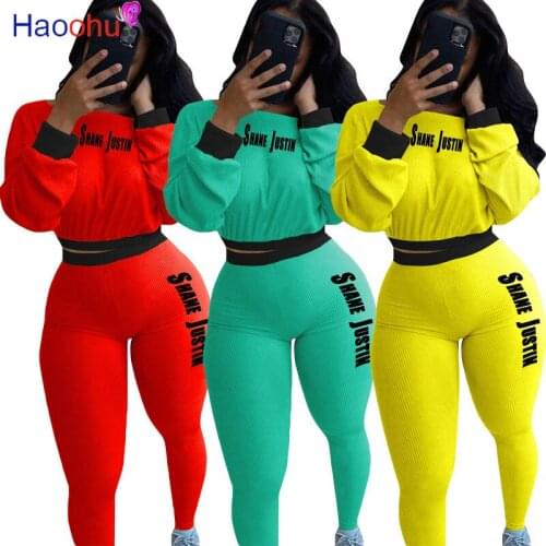 HAOOHU Highly stretch Letter Print Knitted cotton Womens Set t-shirtTops+ slim Pants Set Tracksuit Two Piece Outfit Sweatsuit