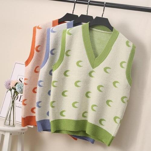 Women Spring Autumn Korean Style Fashion V-neck Knit Vests Female Sleeveless Moon Pattern Sweaters Ladies Casual Pullovers Z90