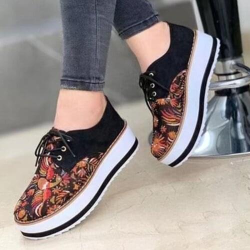 2021 New Autumn Platform Shoes Women Flats Zapatillas Mujer Casual Lace Up Ladies Shoes Flowers Printing Plus size 35-43 WSH4156