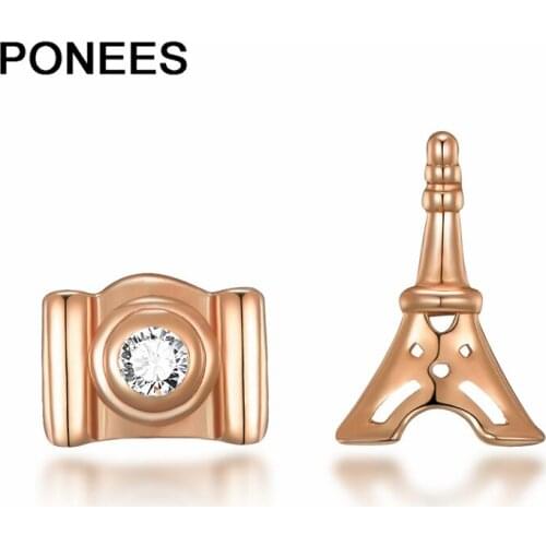 Ponees Asymmetric Zircon Earrings 925 Sterling Silver Eiffel-Tower And Camera Stud Earrings Women Girls Gift
