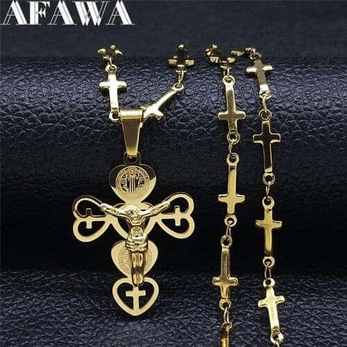 Stainless Steel Catholicism Heart Jesus Necklaces Women/Men Gold Color Cross Chain Necklaces Jewery collier croix NXS02