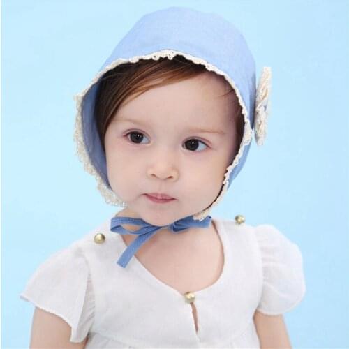 Children Bonnet Infant Girls Blue Hat with Flower Sunbonnet Kids Spring Christening Hat Handmade Toddler Sun Hat