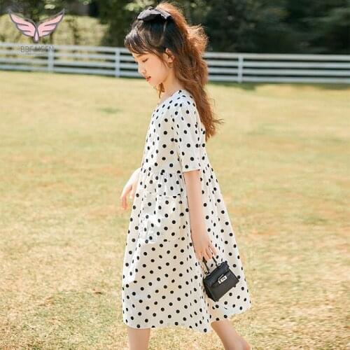 Girls Dot Dress Cotton Kids Clothes 2021 New Children V-neck Dress Buttons Pockets Teen Midi Dress Baby Summer Clothes,#6063