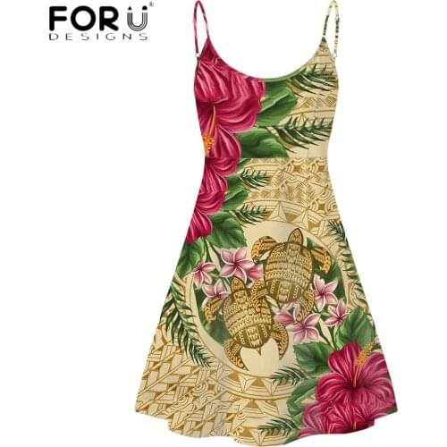 FORUDESIGNS Hawaiian Maoli Turtle And Flower Printing Women Casual Swing Dress Sleeveless Adjustable Strap Summer Beach Dress
