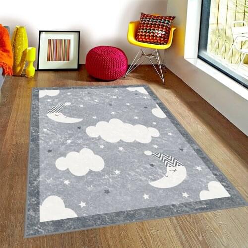 Gri Çocuk Odası Halısı beyaz bulut ay yıldız gökyüzü uzay gri halı