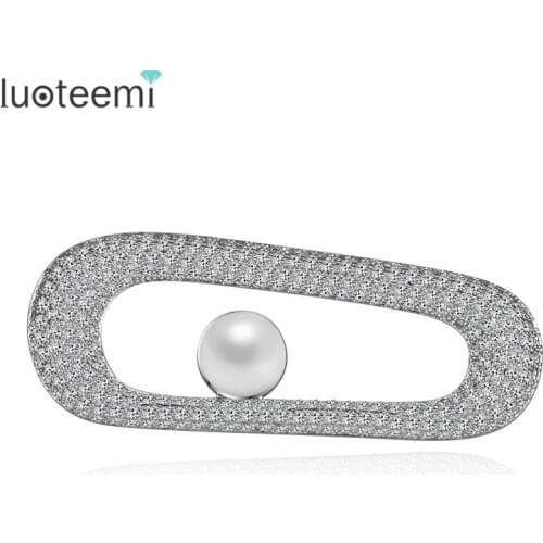 LUOTEEMI New Arrival Fashion Jewelry Micro Paved Tiny AAA CZ Surround A Pearl White Gold-Color Delicate Brooch For Dinner Party