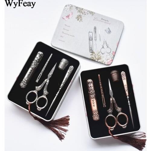 Metal Box Retro Vintage Scissors Needle Case Awl Threader Thimble Cross Stitch Needlework Embroidery Tailor DIY Sewing Scissors