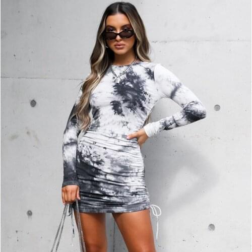 Fashion Casual Womens Slim Mini Dress Spring Autumn Elastic Knitted O Neck Leisure Bodycon Designer Drawstring Elegant Dresses