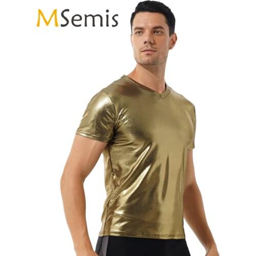 Mens Casual Metallic Shiny Tops Glossy V Neck Short Sleeve T-Shirt Fashion Top Tees Clothing Nightclub Bar Dance Show Costume