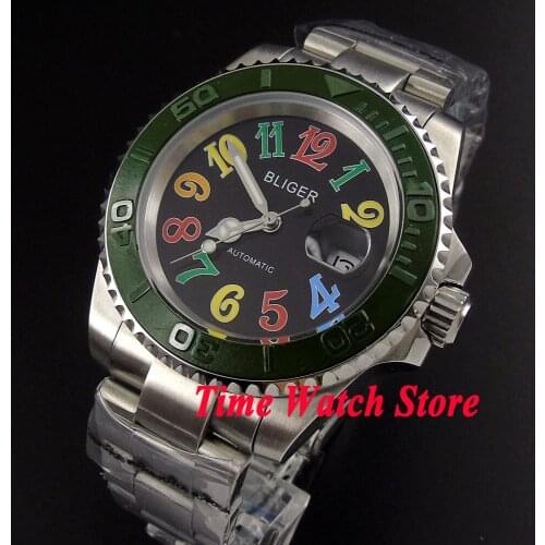 Bliger 40mm black dial date luminous saphire glass green brushed Ceramic Bezel Automatic movement Mens watch BL112