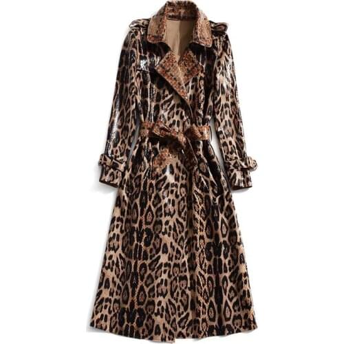 European and American womens 2019 winter clothing new Long sleeve lapel Leopard print lace-up Trench coat